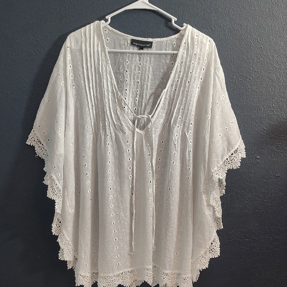 Elegant White Cotton Eyelet Poncho/Swim Coverup Layering with Lace Edges